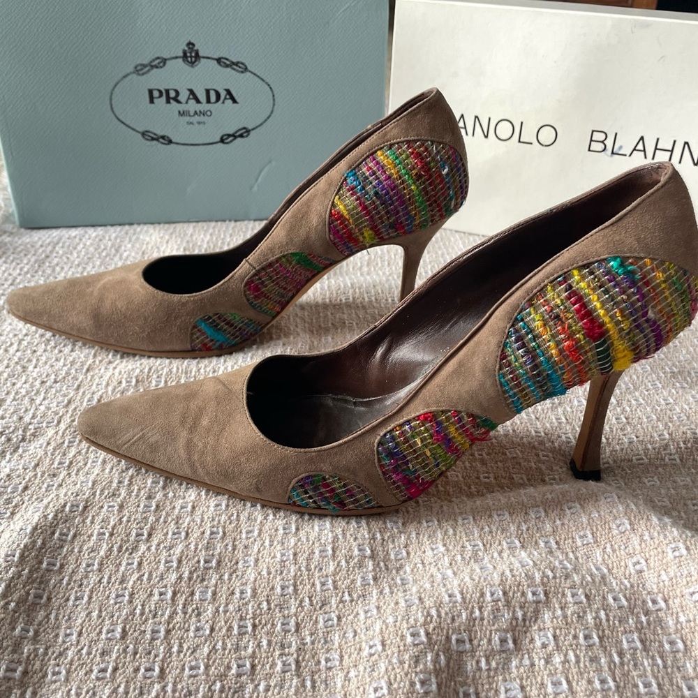 Manolo Blahnik- Rainbow Knit & Suede Heel